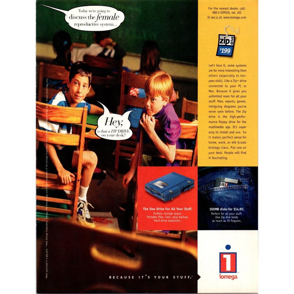 1996 Iomega Zip Drive External Storage Vintage Print Ad Classroom 90s Tech Art